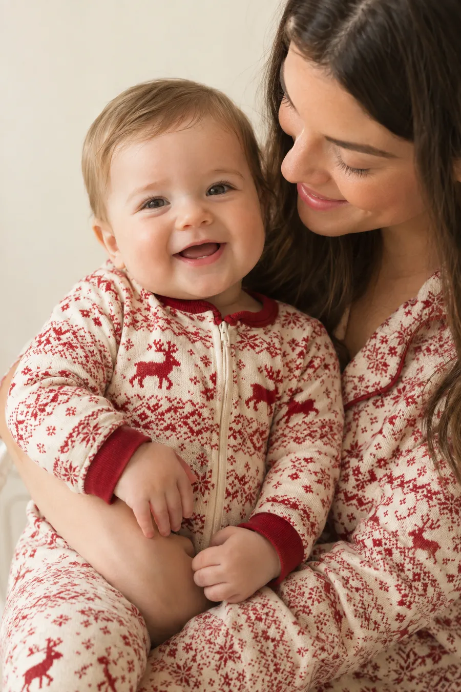Bebé sorridente com babygrow de Natal com renas ao colo da mãe