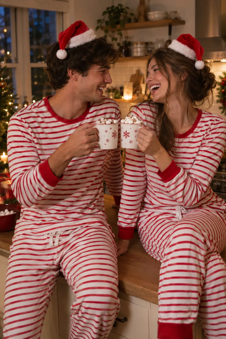 Casal com pijamas de riscas vermelhas e brancas e gorros de Pai Natal