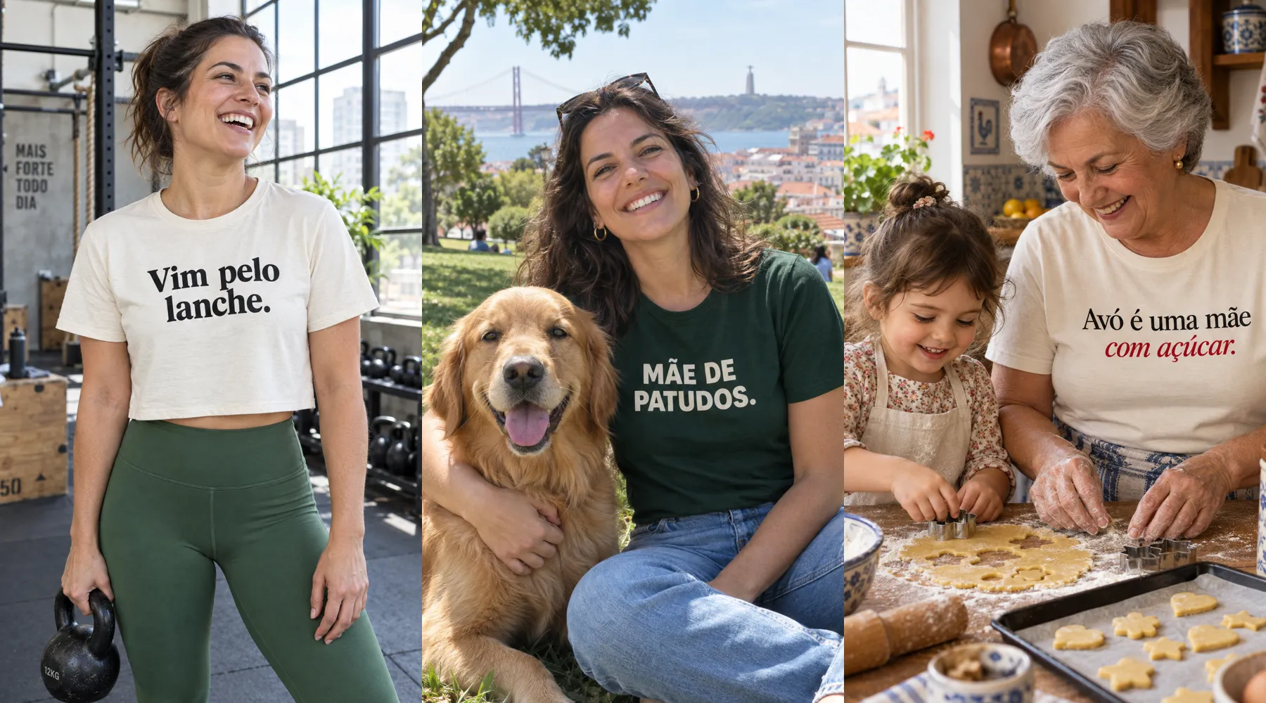 Pessoas a usar t-shirts Be Like Family com frases