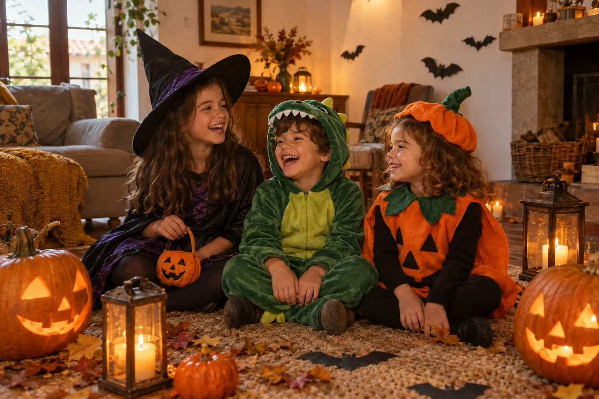 Three siblings dressed as a witch, a dinosaur and a pumpkin laughing in a living room decorated with pumpkins and bats