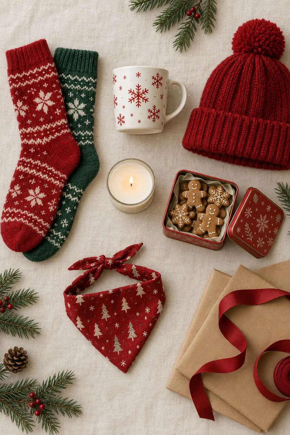 Prendas de Natal pequenas: meias, caneca, gorro, vela, biscoitos e bandana de cão